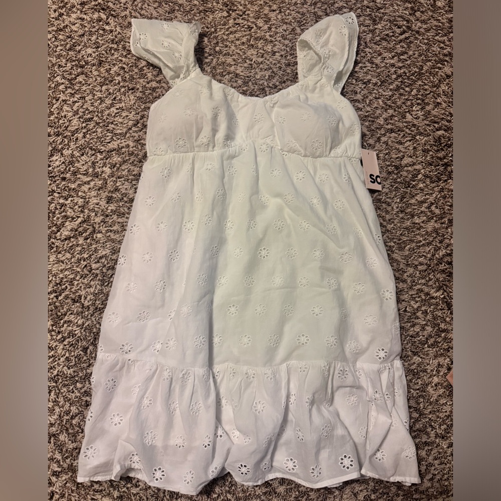 SO White Eyelet Ruffle Midi Dress